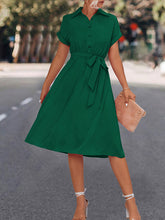 A-Line High Waisted Buttoned Solid Color Tied Waist Lapel Collar Midi Dresses Shirt Dress